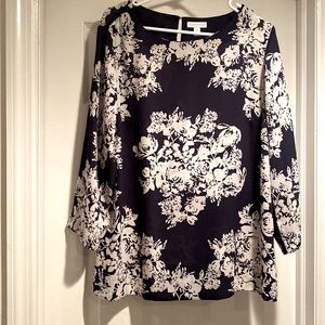 Charter Club Blouse - Elegant Floral Print in Navy and Cream - size XL